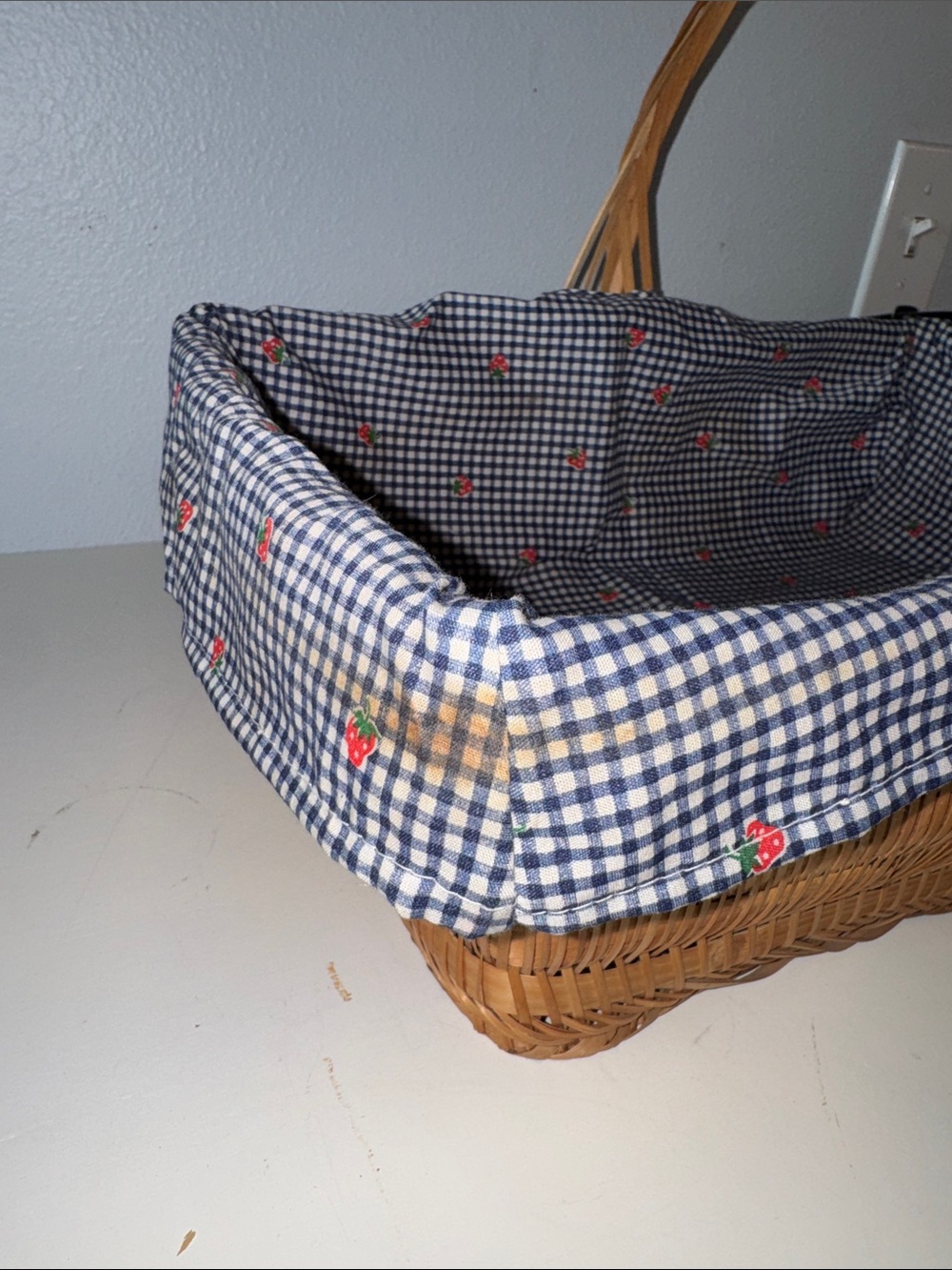 Woven Picnic Basket with Strawberry/Blue Gingham Liner & Handles - Picture 5 of 5